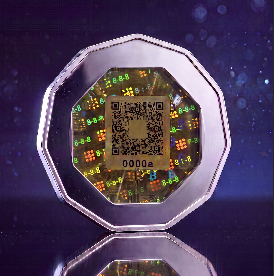 Hendecagon coin reverse with QR sticker